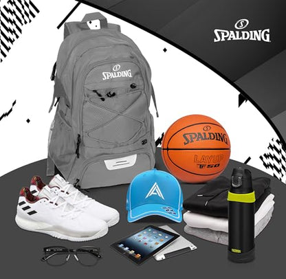 Spalding Basketball Backpack Sports Bag | Large Black Backpack with Shoe and Ball Compartment | Gifts for Basketball Players - color: Grey