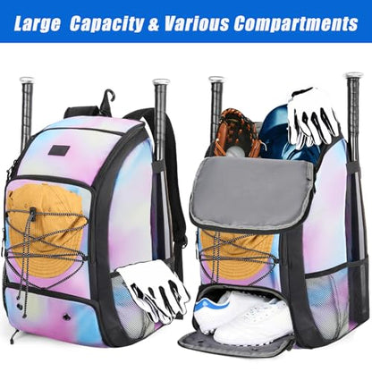 MATEIN Baseball Backpack, Softball Bat Bag with Shoes Compartment for Youth, Boys and Adult, Lightweight Baseball Bag with Fence Hook Hold TBall Bat, Batting Mitten, Helmet, Caps, Teeball Gear - color: Tie Dye, size: 29L