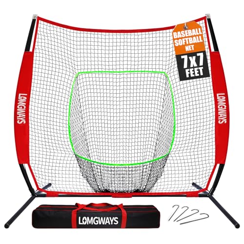 7x7ft/8x8ft Baseball Softball Net with Steel Frame for Batting, Hitting, Pitching, Portable Baseball Batting Net with Carry Bag, Great for All Levels - size: 7FT Red