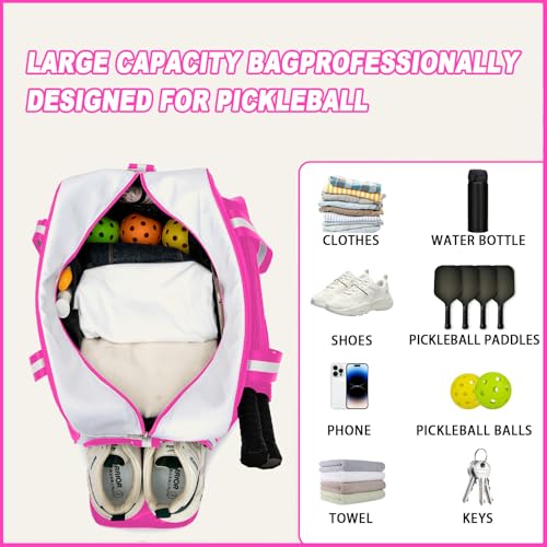ROYALFAIR Pickleball Tote Bag for Women Men Large Capacity with Paddle Cover Pocket Internal Shoe Pocket and Adjustable Shoulder strap - color: Pink