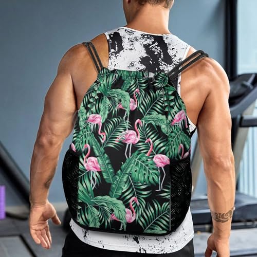 Tropical Flamingos Drawstring Backpack Gym Bag With Shoe Compartment String Bag Sport Beach Swimming Sackpack For Women Men - color: Tropical Flamingos