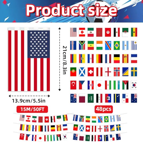 48 Countries Flag Banner, 50ft String with 48 National Flags International Bunting for Soccer Party Decorations, Football Supplies, Global Sports Bunting