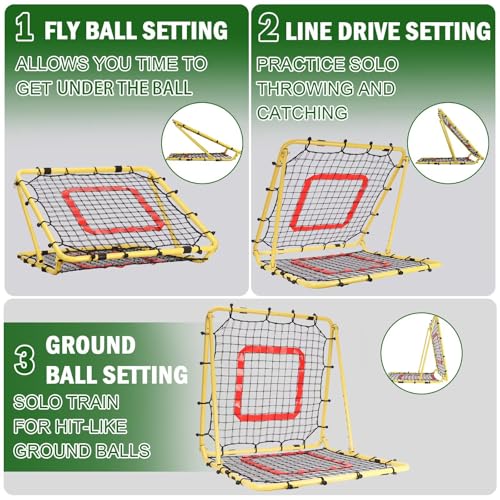 BaseGoal Baseball and Softball Rebounder Net,Baseball Rebounder,Volleyball Rebounder,Pitch Back Net,Multi-Sport Training Rebound Screen,with Pitching Target,Easy Adjustable Angles - size: 33.5x33.5 IN, style: Yellow