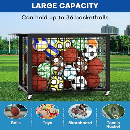 Boshen 41.7" Extra Large Ball Cart Storage Rolling with Lockable Wheels Lid & Removable Handle, XXL Sports Equipment Basketball Storage Holds Up to 36 Balls for School, Club, Gym, Garage