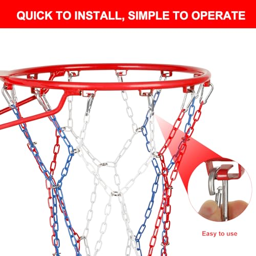 Basketball Net Heavy Duty Replacement,Carbon Steel Chain Basketball net, Anti-Rust Use Indoor Outdoor Standard 12 Loops Hoop - color: 2 blue/red/white