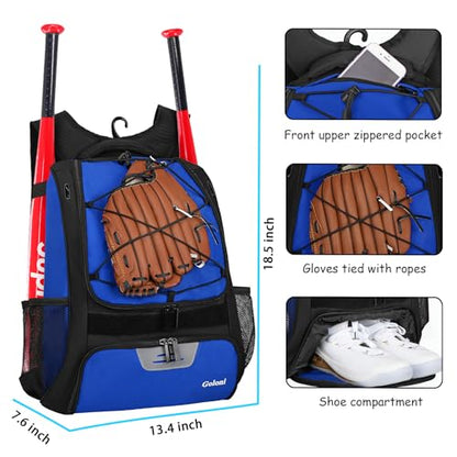 Goloni | Baseball Backpack,Baseball Bag for Adult,Softball Bat Bag with Shoes Compartment,Large Main Compartment for Helmet & accessories, Fence Hook - color: pure blue