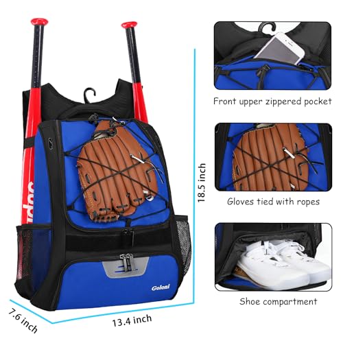 Goloni | Baseball Backpack,Baseball Bag for Adult,Softball Bat Bag with Shoes Compartment,Large Main Compartment for Helmet & accessories, Fence Hook - color: pure blue