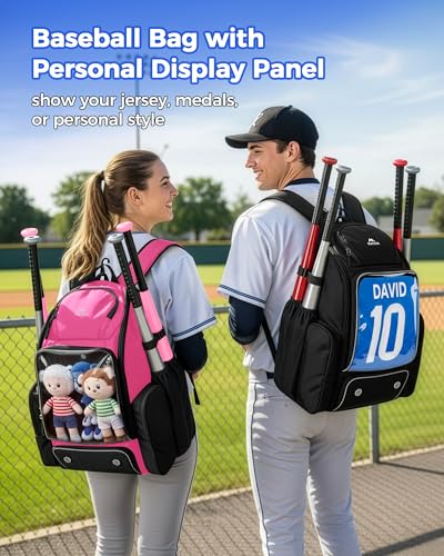 MATEIN PRO Softball Bat Backpack for 4 Bats with Transparent Front Pocket & Folding Board, Large Capacity Bat Bag with Foldable Shoe Compartment for Cleats, Baseball Equipment Bag for Girls & Women - color: Pink