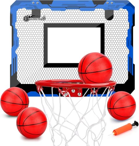 Indoor Mini Basketball Hoop Set Gift for Kids Adults, Upgrade Over Door Hoop with 4 Rubber 6" Balls, Wall Mount Hoop for Bedroom Yard, Christmas Stocking Stuffer Gift for Boys Teen - color: blue