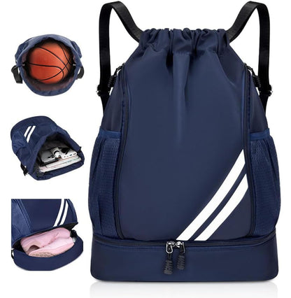 Drawstring Soccer Backpack with Shoe Compartment - Gym Bag for Basketball, Volleyball and Football - Water Resistant Nylon Sports Cinch Sack for Men Women