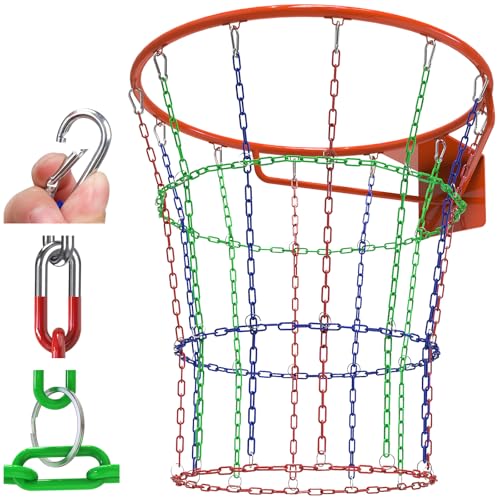 Insaga Chain Basketball Net Heavy Duty Metal - 19'' Basketball Chain Net for Hoop Outdoor Indoor Replacement, Rustproof Steel Chain Net for Standard 12-Loop Rim, Easy to Install - color: Green+Red+Blue B