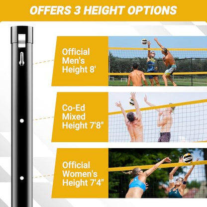 SPOYNAL Portable Volleyball Net for Backyard & Beach - 20FT/32FT Outdoor Volleyball Set with Adjustable Height (8ft/7.8ft/7.4ft), Boundary Line, Volleyball, Pump & Carry Bag - style: 32FT-Yellow
