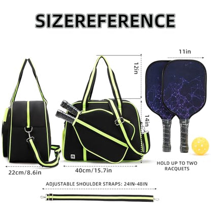 ROYALFAIR Pickleball Tote Bag for Women Men Large Capacity with Paddle Cover Pocket Internal Shoe Pocket and Adjustable Shoulder strap - color: black-green