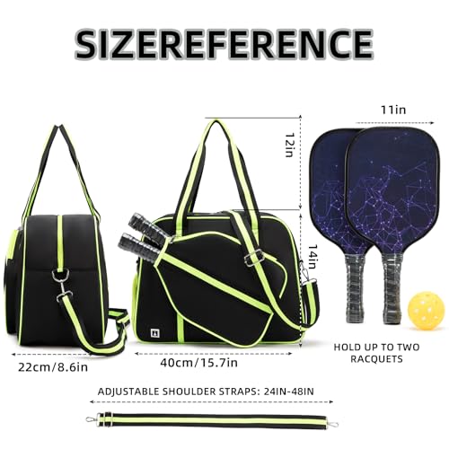 ROYALFAIR Pickleball Tote Bag for Women Men Large Capacity with Paddle Cover Pocket Internal Shoe Pocket and Adjustable Shoulder strap - color: black-green
