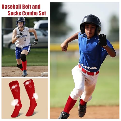 Baseball Belt and Socks Combo Adjustable Softball Belt and Socks Elastic Waist Belt for Youth and Adult - color: Red, size: Youth
