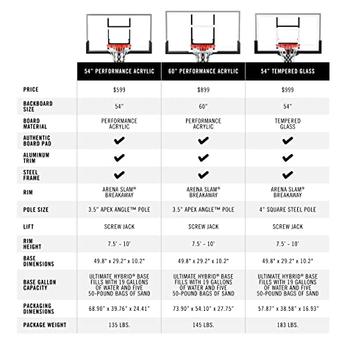 Spalding Ultimate Hybrid Portable Basketball Hoop | Adjustable Height from 7.5' to 10' in Infinite Increments | Arena Slam Breakaway Rim - color: 54" - Glass Backboard - Black