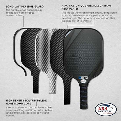 Pickleball Paddle Set | 2 Lightweight Pickleball Rackets w/Fiberglass Surface & 5-Inch Non-Slip Handle, 4 Balls, 1 Carry Bag | USAPA Approved Set for Men & Women - color: Black
