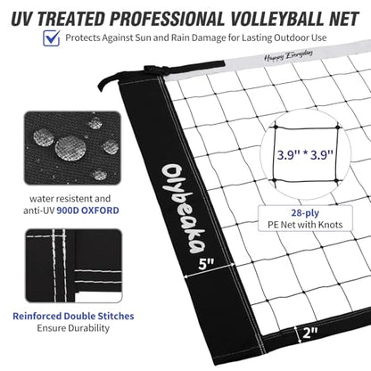 20ft / 32ft Portable Outdoor Volleyball Net Set for Backyard Beach Grass with Heavy Duty 1.25" Adjustable Poles, 28-Ply PE Net, PU Volleyball & Pump, Large Storage Bag (Black + White, 32ft)