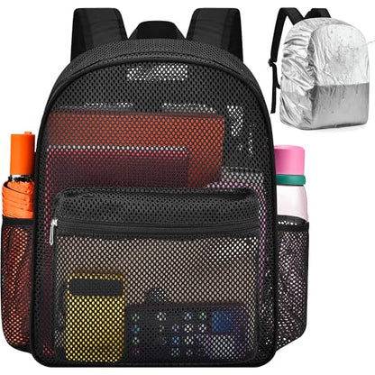 Oraben Duty Mesh Backpack with Rain Cover Ventilated Swim & Gym Bag college mesh backpack See Through Backpacks (Black) - color: Black