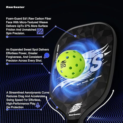 Pickleball Paddles Set of 2 or Single Option-Fiberglass or Carbon Fiber Face – Durable Solo Paddle or Complete Set with Balls & Carry Bag – Improved Spin & Precision - color: Black-Carbon Fiber