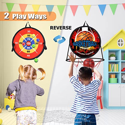 2 in 1 Basketball Hoop and Dart Board, 14" Dart Board for Kids, Basketball Hoop for Kids Toddlers, Sports & Outdoor Play, Birthday Gift Toys for 3 4 5 6 7 8 9 10 Year Old Boys Girls Kids, Party Favors - style: 2 in 1 Red Theme