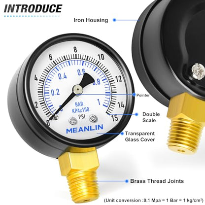 0-15Psi 2" DIAL FACE 1/4" NPT Well Pump Pressure Gauge, with 1/2" NPT and 3/8" NPT Hex Bushing, 3-2-3% Accuracy, Lower Mount - size: 0-15Psi, style: 1/4"NPT Lower Mount