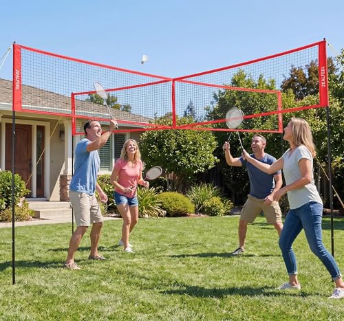 4 Square Volleyball Net Set with 3 Adjustable Heights, 14FT Cross PE System, Use in Backyard or Beach, Includes Ball, Pump, Carry Bag, Hammer, Outdoor Team Games, Black/Red