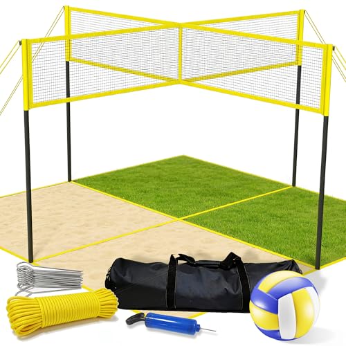 VICHTOP 4 Square Volleyball Game Set - 4 Way Cross Net for Backyard & Beach, Portable Outdoor Volleyball Badminton Combo Net, 4 Person Four Square Volleyball Net with Carrying Bag