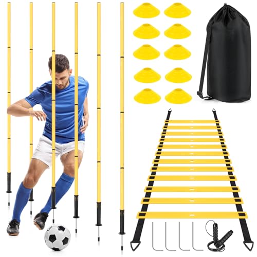 Soccer Agility Training Equipment: 6 Soccer Agility Poles, 20ft Agility Ladder, 10 Soccer Cones, 1 Jump Rope. Soccer Training Poles for Speed Training, Agility Training - color: yellow