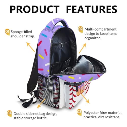 Kids Schoolbag for Girls Custom Ice Cream Baseball Backpack for Children Teen Baseball School Supplies, 17 Inch Cute Girls Bookbag for Preschool Elementary Kindergarten Vacation Travel Picnic