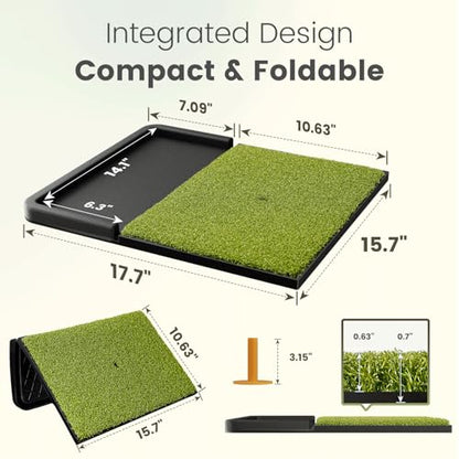 Integrated Golf Mat with Ball Tray, Small Thickening Golf Mats Practice Outdoor & Indoor, Artificial Grass with Anti-Slip Rubber Bottom Mat for Driving, Chipping Swing