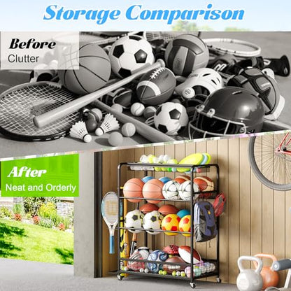 Basketball Hoop,Wheeled Sports Ball Storage Rack,Double-Row Basketball Hoop Holds 16+ Balls,Ball Storage Rack with Baseball Bat Holder and Hooks,Stores Basketballs,Soccer Balls,Footballs,etc.-Black