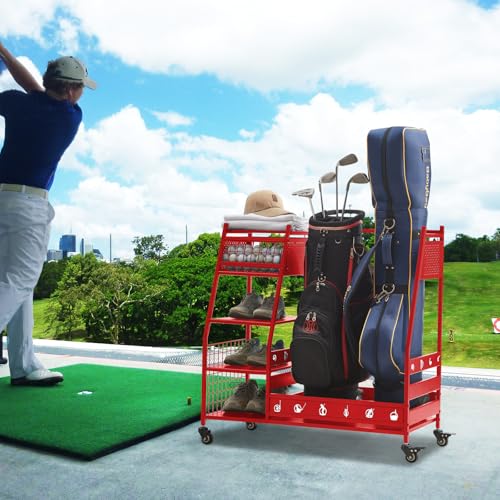 Lauren&Harold Golf Bag Organizer Garage Storage, Golf Storage Rack Stand Fits 2 Golf Bags, Golf Clubs and Other Golfing Equipment Accessories, Golf Organizer for Garage, Club, Shed, Basement
