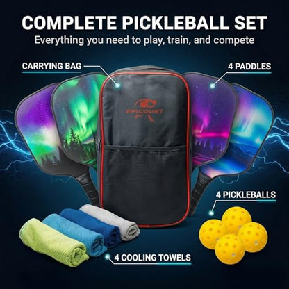Pickleball Paddle Set - USAPA Approved Fiberglass Paddles | Lightweight Honeycomb Core | Includes 4 Balls, Carry Bag, and Cooling Towels | Ideal for All Players by EPICOURT - size: 4 Pack, style: Wilderness