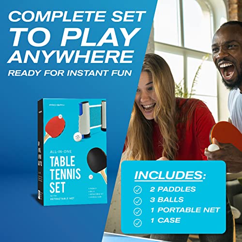 PRO-SPIN Portable Ping Pong Set with Retractable Ping Pong Net for Any Table, All-in-One Table Tennis Set with Ping Pong Paddles, Balls & Case, Table Top Family Game - color: 2-Player Set | Active Red
