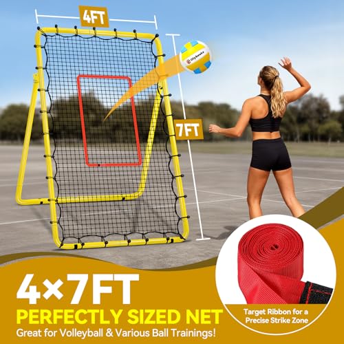 6-Angle Adjustable Volleyball Rebounder Net 7x4ft, High Stable Bounce Back Training Equipment for Practicing Volleying Bumping Spiking with High-Tension Net, PU Volleyball and Pump, Stakes