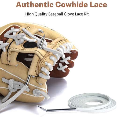 Softball Baseball Glove Lace, Mitt Lace Repair Kit Includes 2 Leather Laces and Lacing Needle for Catcher's Glove - color: White