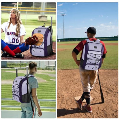 MATEIN Baseball Backpack, Softball Bat Bag with Shoes Compartment for Youth, Boys and Adult, Lightweight Baseball Bag with Fence Hook Hold TBall Bat, Batting Mitten, Helmet, Caps, Teeball Gear - color: Purple, size: 29L