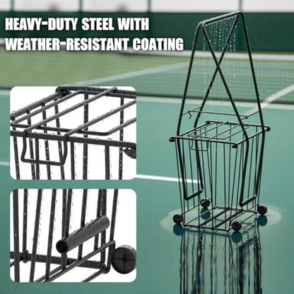 Tennis & Pickleball Hopper with Wheels – Ball Pick Up Basket, Pickleball Ball Retriever Ball Holder Storage Holds 75 Tennis Balls & 50 Pickleballs