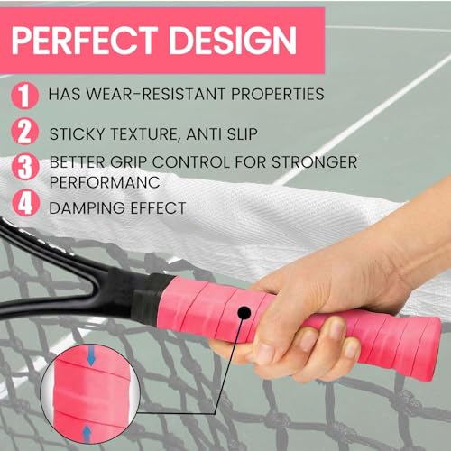 12 PCS Tennis Racquet Grip Tape, Overgrip for Tennis Racket Badminton Squash Pickleball, Non Slip Sweat Absorbing Replacement Grip Wrap, Comfortable Anti Shock Feel, Easy Install - color: Pink