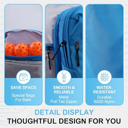 Pickleball Backpack, 3+Paddle Capacity, Pickleball-specific Shockproof Thermal Pockets, Waterproof Shoe Compartment, Wet Dry Separation, Fence Hook, Fits Standard/Extended Paddles - color: Blue