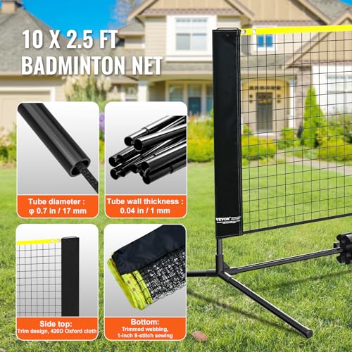 VEVOR Badminton Net, Height Adjustable Volleyball Net, Wide Foldable Pickleball Net, Portable Easy Setup Tennis Net Set with Poles, Stand and Carry Bag, for Kids Backyard Game Indoor Outdoor Use - size: 10ft