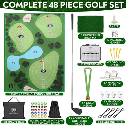 Golf Chipping Mat with Adjustable Golf Club - 48 Piece Outdoor Indoor Golf Game for 1-5 Players - Giant Turf Hitting Mat with Tee, 25 Sticky Balls, Travel Bag Included - Golf Gift for Teens & Adults