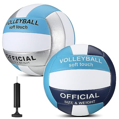 Lenwen 2 Pack Beach Volleyball Official Size 5 for Indoor Outdoor, Waterproof Soft Volleyball with Pump for Adult Beginner Beach Game Gym - color: Light Blue-dark Blue, Light Blue-silver