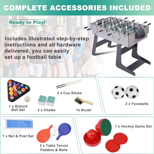 RAYKEEP Foldable Multi Game Table, 4-in-1 Combo Game Table Set with Ping Pong, Hockey, Pool Billiards and Foosball for Adults, Home, Game Room, Friends & Family - color: Light wood grain