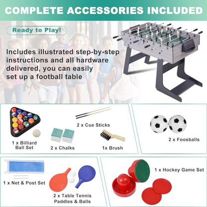 RAYKEEP Foldable Multi Game Table, 4-in-1 Combo Game Table Set with Ping Pong, Hockey, Pool Billiards and Foosball for Adults, Home, Game Room, Friends & Family - color: Light wood grain
