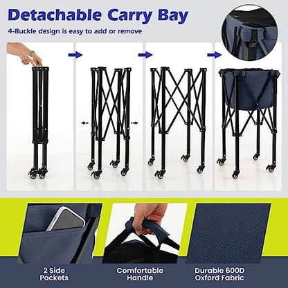 GYMAX Tennis Ball Hopper, Folding 150 Tennis Ball Holder Cart with Carry Bag, Easy Assembly Frame, Removable Bag & 4 Universal Wheels, Portable Durable Tennis Ball Basket for Ball Pickup - color: Navy Blue