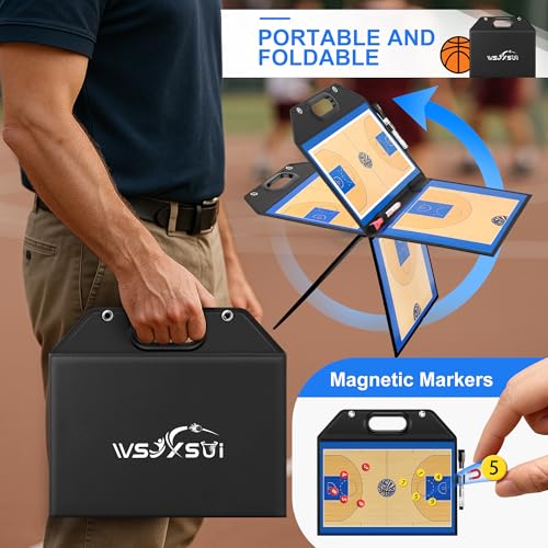 Magnetic Basketball Coaching Board | Foldable Leather Basketball Clipboard Kit for Coaches | Professional Basketball Tactic Board | Dry Erase Strategy Whiteboard | Carry Handle | Lightweight