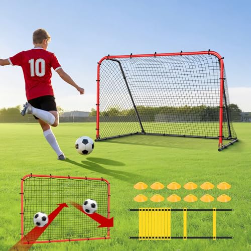 Haokelball 6 x 4 FT Soccer Goal for Backyard, 2-in-1 Metal Soccer Goal with Adjustable Rebounder Net, Heavy-Duty Steel Frame, Includes Agility Ladder & Cones, Soccer Training Equipment for Kids Teens