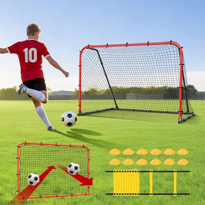 Haokelball 6 x 4 FT Soccer Goal for Backyard, 2-in-1 Metal Soccer Goal with Adjustable Rebounder Net, Heavy-Duty Steel Frame, Includes Agility Ladder & Cones, Soccer Training Equipment for Kids Teens